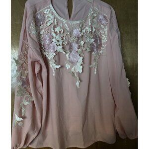 Peach Floral Aplique long Sleeve Blouse Plus Size 3X